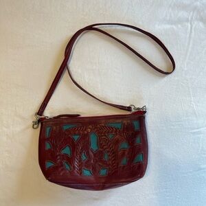 Tooled Leather Bag in Burgundy with Teal Inset
